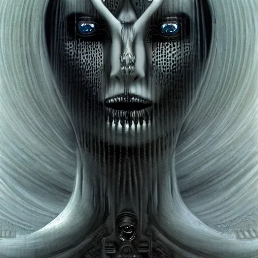 Prompt: sci - fi portrait of bene gesserit order sister by hans giger and beksinski, ornate, intricate, symbolism, hyperealistic, photoreal, 8 k resolution