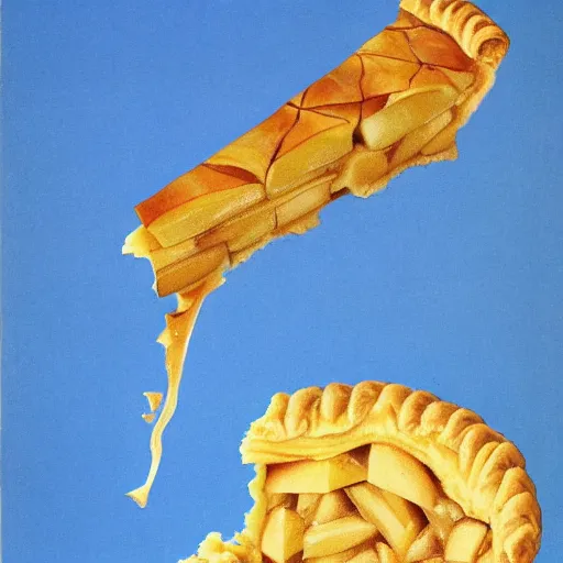 Prompt: 1 thick slice of apple pie floating on a blue background, chesley bonestell, vincent di fate, golden crust