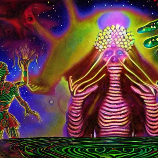 Prompt: psychedelic alien diety revealing the truth about consciousness to an ancient civilization, high quality, crystal waves