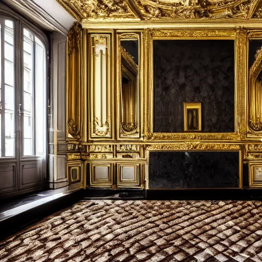 Image similar to wide angle shot of parisian interior, dark walls, gold accents, interior design, thick carpet, hyperrealistic, hyperdetailed, super detailed, uhd, uhd, 8 k, high resolution,