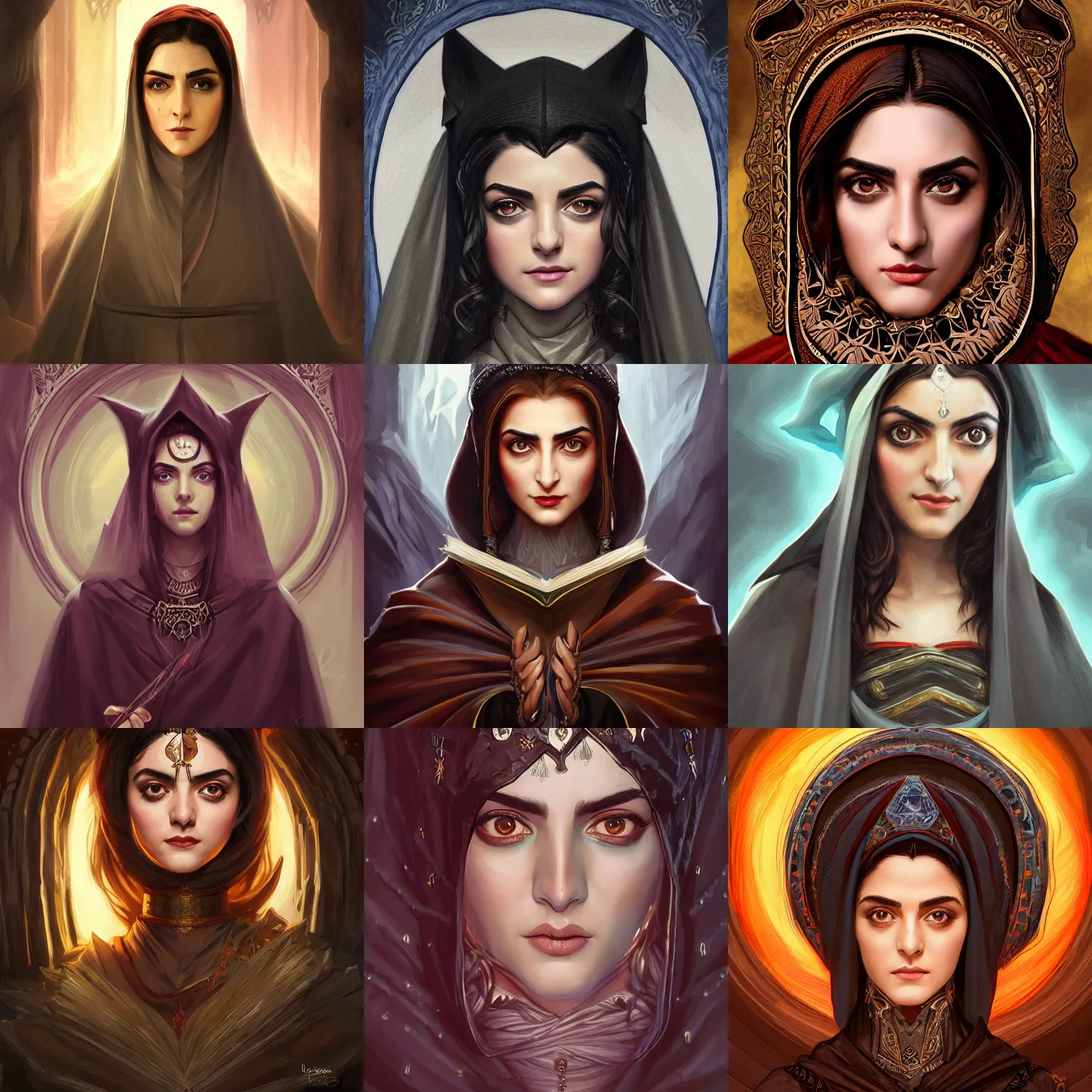 Prompt: head-on symmetrical centered painted portrait, Maya Ali as a D&D wizard, black hair, medieval robes, fantasy, intricate, elegant, highly detailed, digital painting, smooth, sharp focus, illustration, artstation, in the style of Artgerm and Anna Podedworna and Alex Ross