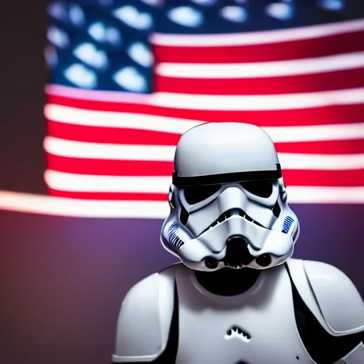 Prompt: A Star Wars Storm Trooper standing next to the American Flag on the Moon, Realistic, 4k, Lens Glare