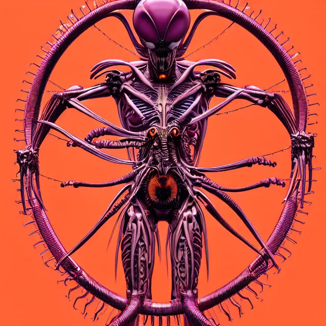 Image similar to full profile of evangelion xenomorph as circular vitruvian man by james jean and moebius, biomechanical, ultra wide angle, full body, no crop, golden ratio, ultra details, in the style of shusei nagaoka