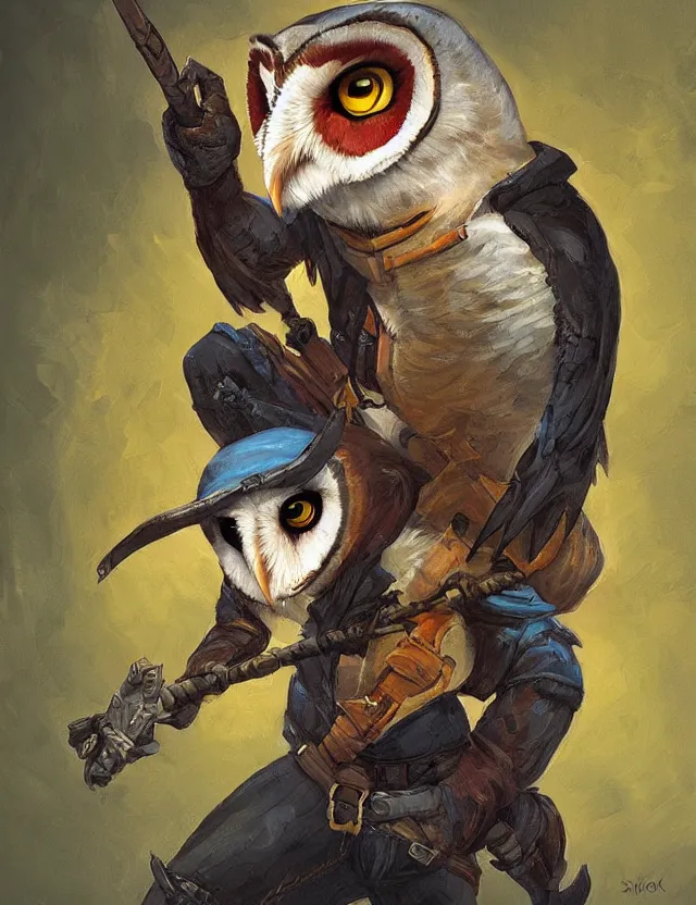 Prompt: barn owl rogue. this heavily stylized oil painting by the award - winning comic artist has interesting color contrasts, plenty of details and impeccable lighting.