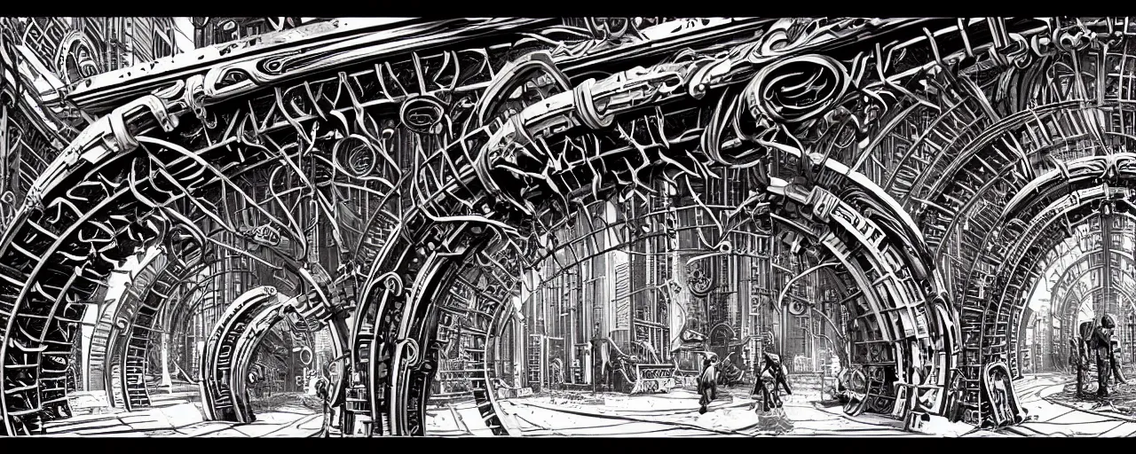 Image similar to a double helix dna cyberpunk steampunk stone carved archway, art deco high details, lineart, by vincent di fate and joe fenton, inking, screen print, masterpiece, trending on artstation, sharp, high contrast, hyper - detailed, ultrawide, hd, 4 k, 8 k