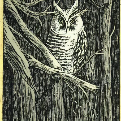Prompt: owl in haunted woods, woodcut, museum catalog photograph