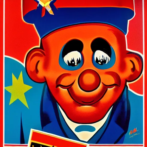 Image similar to champagne communist clown, soviet propaganda, vivid colors, poster art style, detailed image, saturated colors, dominating red, detailer portrait, male face