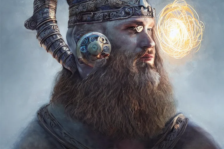 Prompt: mythological self made viking Shaman of artificial intelligence creating himself with an artificial neural network with synapses, high resolution, award winning art, trending on art station, sharp image, incredibly detailed, detailed character realistic painting, hyperrealistic facial featuees