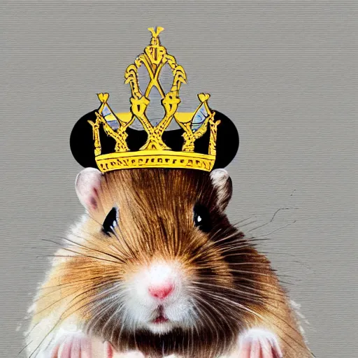 Image similar to A king hamster with a crown and a coat, digital art