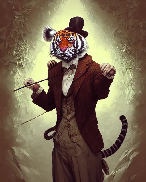 Image similar to anthropomorphic art of a detective tiger, victorian inspired clothing by artgerm, victo ngai, ryohei hase, artstation. fractal papersand books. highly detailed digital painting, smooth, global illumination, fantasy art by greg rutkowsky, karl spitzweg