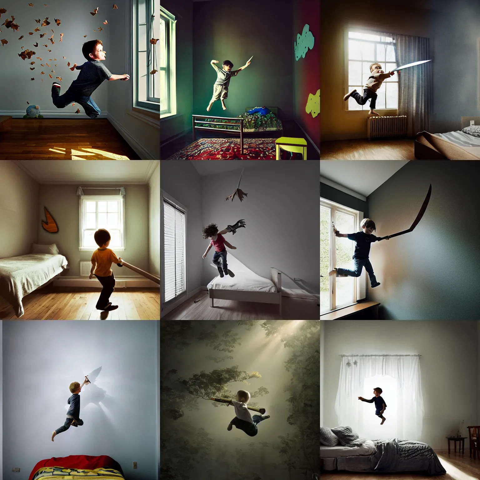 Prompt: little boy jumping over his bed playing with a wooden sword, big window, electric rays everywhere, tree leaves floating, music, magical enemies, posters on the wall, boy's room, photograph high detail, jeremy geddes natural volumetric light