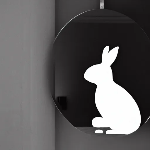 Image similar to profile portrait of a rabbit looking in a mirror, dark room, top lit