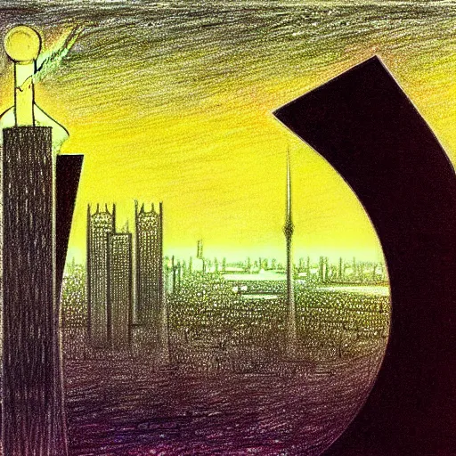 Image similar to a drawing of tel aviv, concept art by mikalojus konstantinas ciurlionis, pixiv, vorticism, concept art, dystopian art, official art