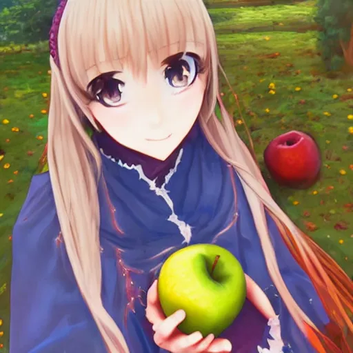 Image similar to isekai masterpiece by liya nikorov, zeronis, sciamano 2 4 0, and airi pan. of a girl holding an apple