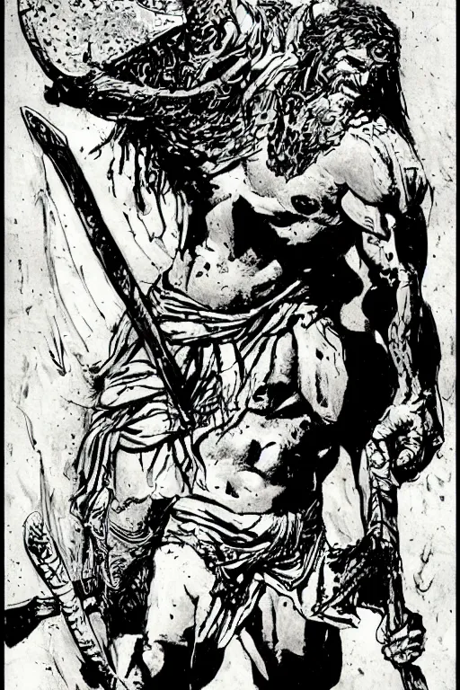 Image similar to ancient historically accurate depiction of the Bible Character Goliath of Gath, the Philistine warrior giant by frank miller