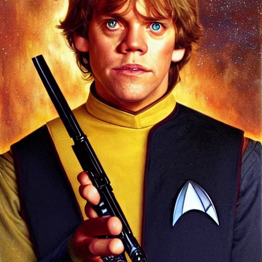 Prompt: a portrait of luke skywalker in a starfleet uniform star trek chief engineer harry potter clothes lord of the rings. detailed face highly detailed painting by gaston bussiere craig mullins jc leyendecker gustav klimt artgerm greg rutkowski