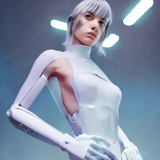 Image similar to white one cast futuristic biomechanic future human, beautiful girl, female, futuristic, neon lights, cyberpunk, 8 k, digital painting, by beeple and makoto shinkai, trending on cg society, glamour pose, fashion photography, high fashion, canon r 3, photorealistic, hyper realisitic