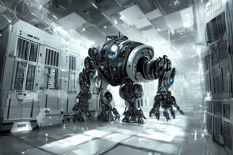 Image similar to robot parallax datacenter server room interior single mono colossus white rusty android robosaurus sitting artstation cinematic detailed concept art volumetric light sharp coherent cgsociety symmetric perfect well balanced shadows lotr servers