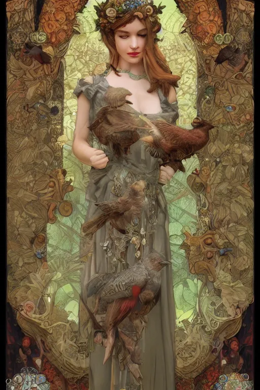 Prompt: zoomed out 3 d render of english princess holding birds, ornaments, mucha vibe, dieselpunk, solarpunk, artstation