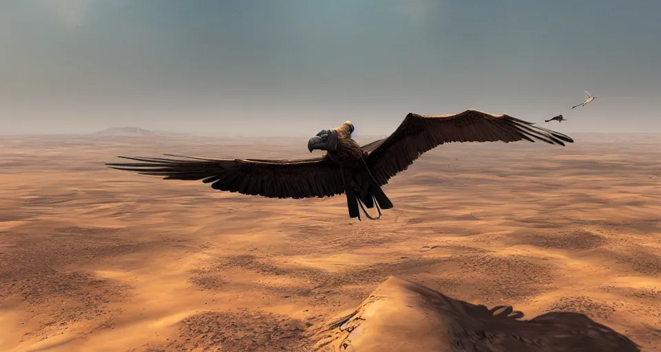 Image similar to a vulture flying over an empty desert, artstation, cgsociety