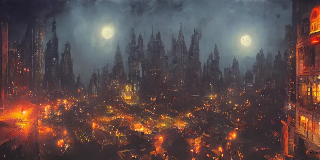 Prompt: a beautiful, surreal painting of india portrayed as gotham city at night filled with police cars, people and batman signal on the clouds by greg rutkowski, oil on canvas, full hd, 8 k