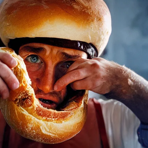 Image similar to closeup portrait of a baker fighting bread that's trying to escape from the oven, by Steve McCurry and David Lazar, natural light, detailed face, CANON Eos C300, ƒ1.8, 35mm, 8K, medium-format print