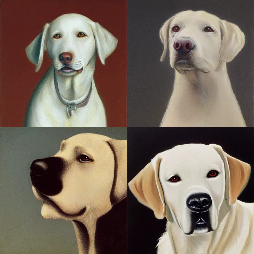 Prompt: white labrador retriever face, excited, realistic painting style by george stubbs, black background