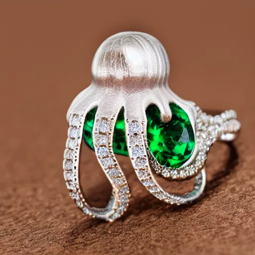 Prompt: rare and luxury super unique octopus white gold ring with octopus at the top of the ring made of emerald and diamond