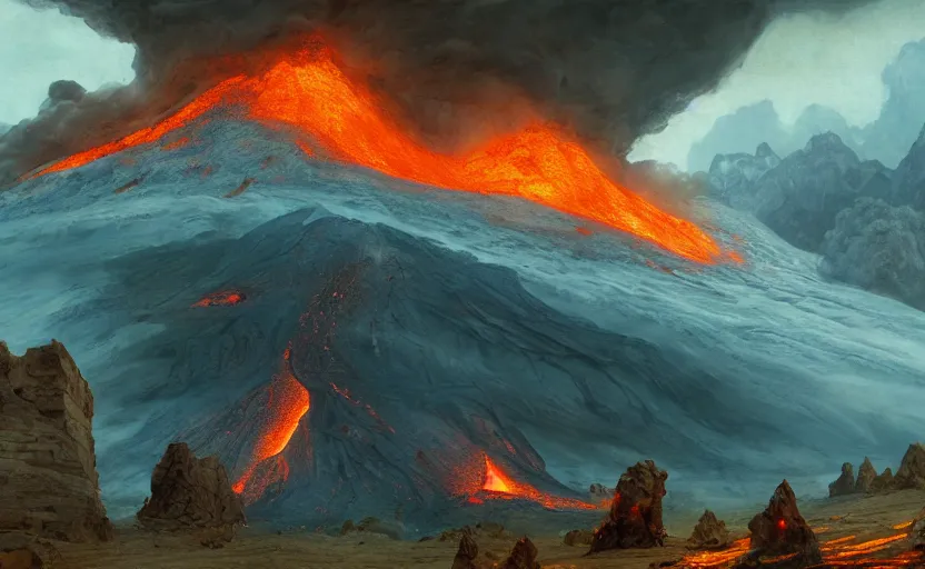 Image similar to a cabin on the side of an erupting volcano, magma and fiery rock, fantasy art, 8k, james gurney, greg rutkowski, john howe, artstation