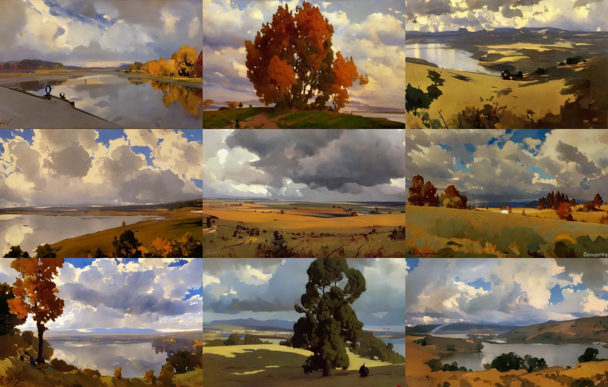 Prompt: painting by sargent and leyendecker and greg hildebrandt savrasov levitan late autumn epic sky overcast, grey dark day low thunder clouds foothpath at, wide river and lake, horizon tiny old house on top of hill view from above
