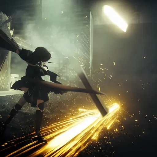 Image similar to realistic render of Nier Automata with katana, dramatic lighting, explosions in background, 4k