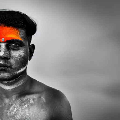 Image similar to a dramatic photograph of soldier from india, indian flag painted on his face, cinematic lighting