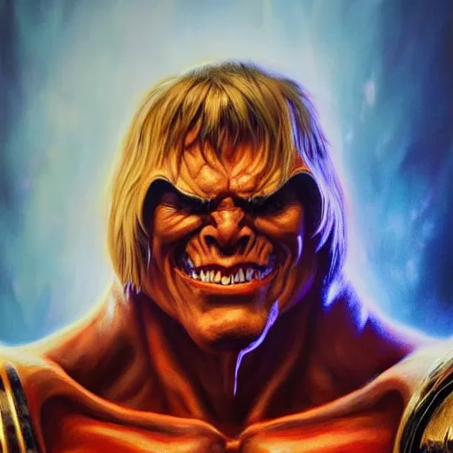 Prompt: a hyperrealistic acrylic portrait painting of an evil he - man by artgerm and beksinski. epic fantasy art. cyberverse background. octane render