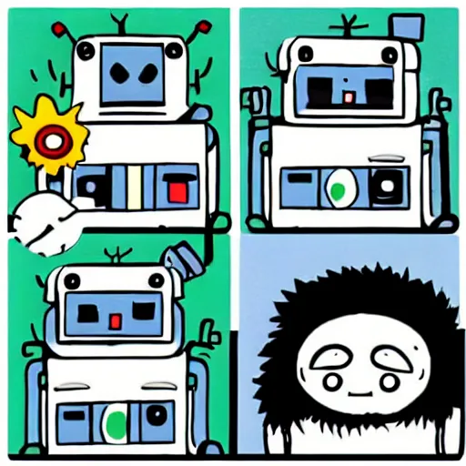 Image similar to Happy cute content robot, Fuzzy robot looking joyful, So happy to exist as a robotic being, Peaceful happy super joyous robot looking happy