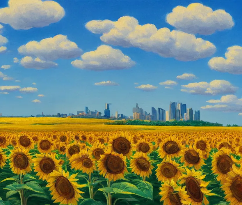 Image similar to a very detailed painting of a sunflower field, baby blue sky with very aesthetic stylized clouds, there is a big city with futuristic buildings in the back, there are mountains in the back, in the style of edward hopper and hugo pondz, very fine brushstrokes, 4 k,