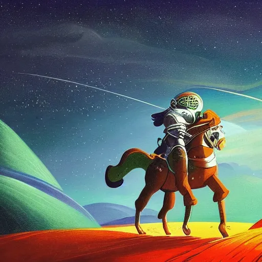 Prompt: beautiful ultra detailed painting of a knight riding a green creature on the surface of mars by eyvind earle, starry sky, vibrant colors, 8K, high quality, masterpiece, best of artstation