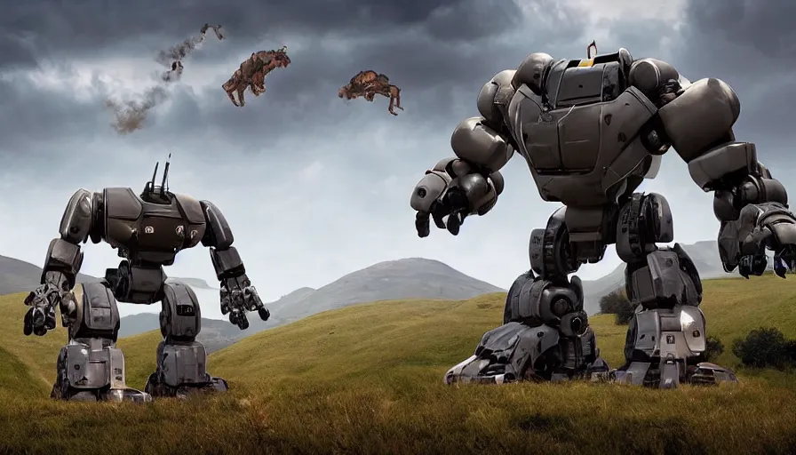 Prompt: Gigant robot chasing wolves in background on the hills