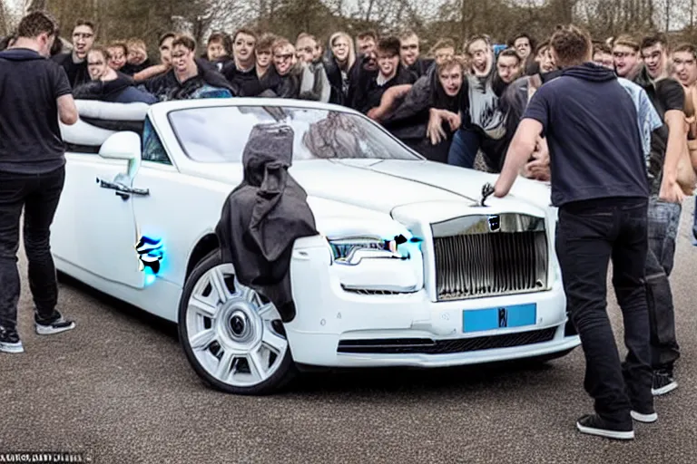 Image similar to A group of teenagers are behind a Rolls-Royce holding him by the boot and pushing him into a white lake from a small slide