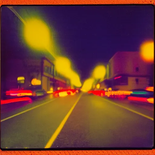 Image similar to colorful instant photograph of the middle of the street at night, polaroid, light leak, raw, nostalgic