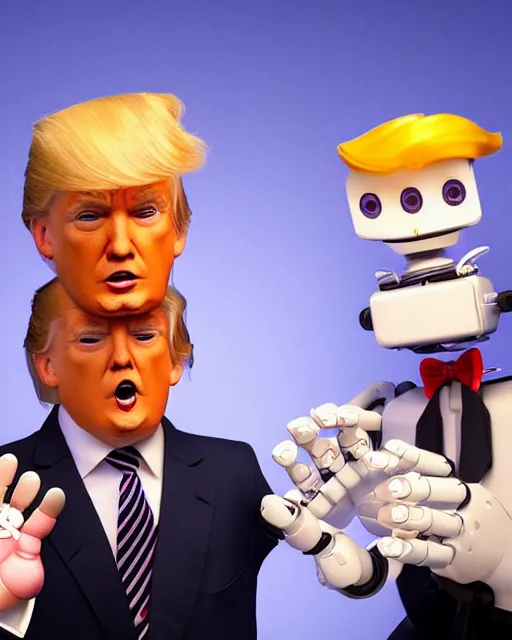 Prompt: Donald Trump as an animatronic Robot, Hyperreal, highly detailed hands and Face, Studio Lighting, in the Style of Disney Imagineering