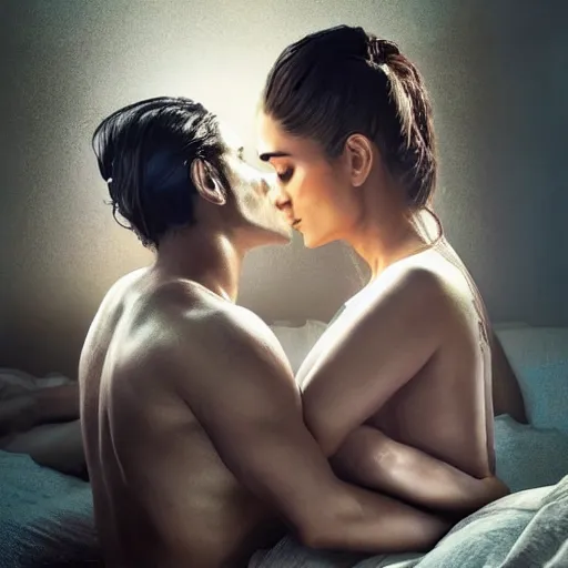 Image similar to kareena kapoor with arjun rampal in the bed, au naturel, hyper detailed, digital art, trending in artstation, cinematic lighting, studio quality, smooth render, unreal engine 5 rendered, octane rendered, art style by klimt and nixeu and ian sprigger and wlop and krenz cushart.