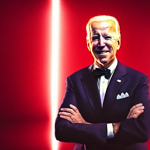 Image similar to cinematic portrait of joe biden with glowing red eyes wearing futuristic armor, black background, dramatic,