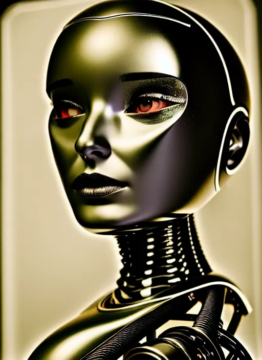 Image similar to a beautiful young female futuristic robot profile face photo, daguerrotype, closeup - view, f / 2. 8, low contrast, 1 6 k, beautiful lighting, reflective, insanely detailed and intricate, hypermaximalist, elegant, ornate, hyper realistic, super detailed, surreal dreamy poetic