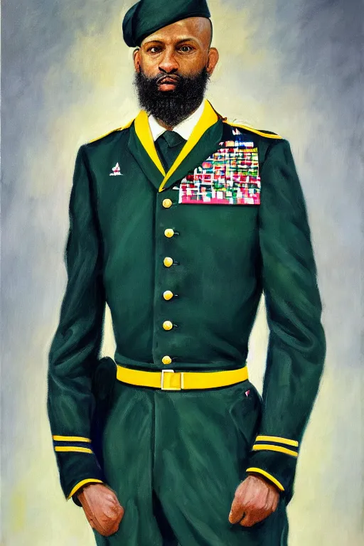 Prompt: full body portrait of the dictator of the nba utah jazz, 1 8 8 9, in full military garb, navy blue, green, yellow, oil on canvas by william sidney mount, trending on artstation