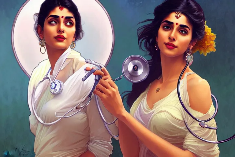 Image similar to sensual pale beautiful indian doctor in jeans with stethoscope, art deco portrait, elegant, intricate, digital painting, artstation, concept art, smooth, sharp focus, illustration, art by artgerm and greg rutkowski and alphonse mucha