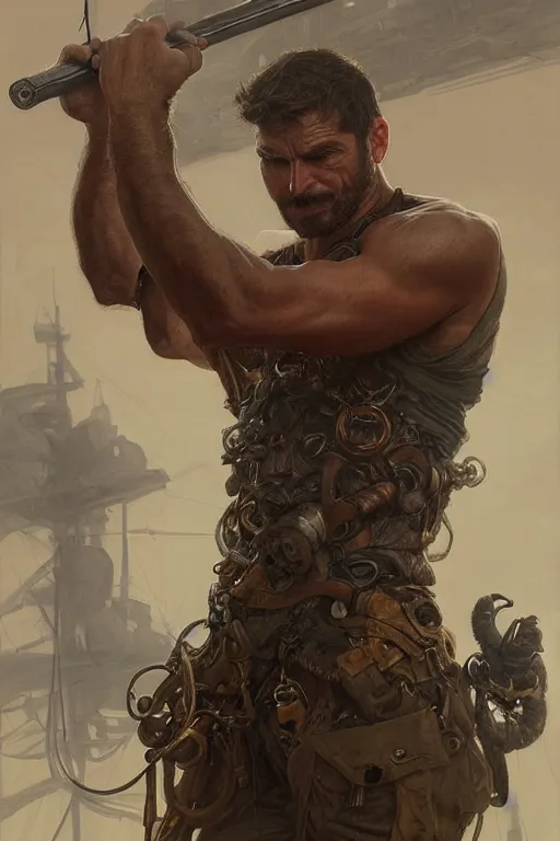 Image similar to portrait of a rugged shiny oil rigger, muscular, upper body, hairy torso, D&D, fantasy, intricate, elegant, highly detailed, digital painting, artstation, concept art, matte, sharp focus, illustration, art by Artgerm and Greg Rutkowski and Alphonse Mucha