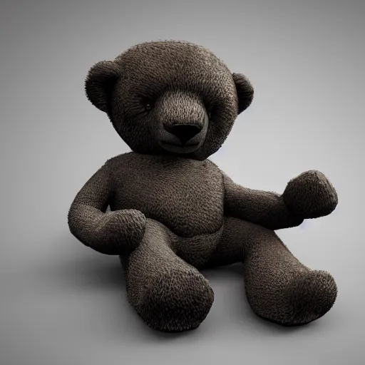 Image similar to brutalist teddy bear covered in oil, 8 k, 3 d octane render, unreal engine