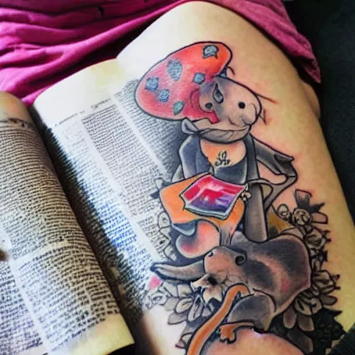 Prompt: tatoo on girl's leg with cute rat reading newspapper sitting onmagic mushroom