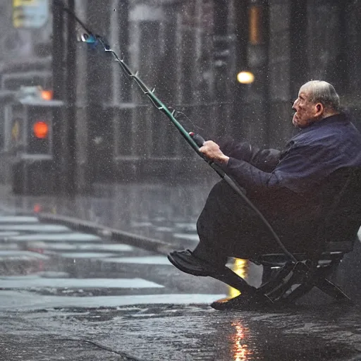 Image similar to closeup portrait of a man fishing in a rainy new york street, photography, world press photo