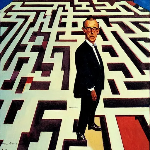 Prompt: A suited man standing in the middle of a head-shaped maze, overhead shot, wide shot, painting, stylistic, art by Norman Rockwell